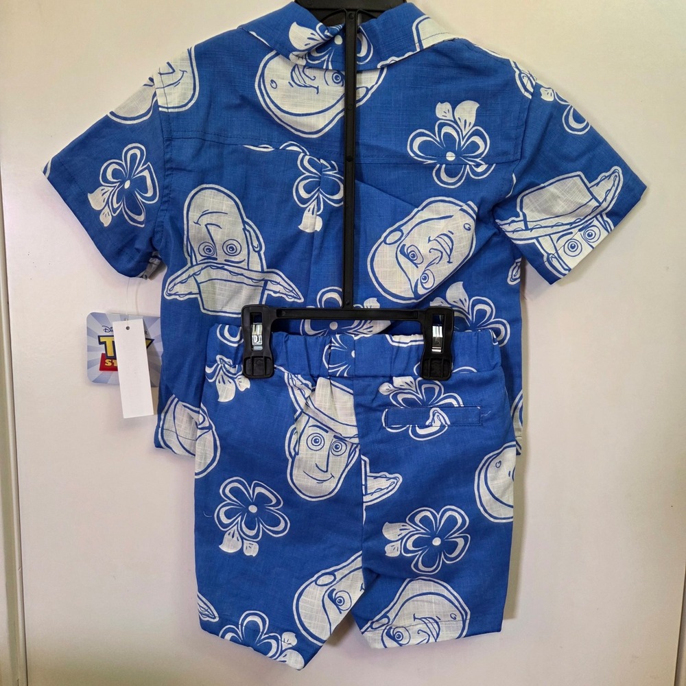 Disney Toy Story Woody Buzz Lightyear Blue Hawaiian Shirt Shorts Set 18M NEW - Picture 2 of 5